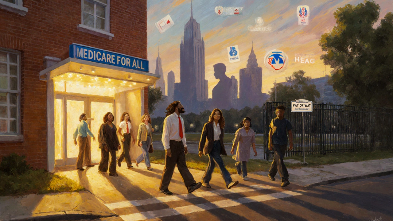 Americans at a crossroads: one path to universal healthcare, another to denied care, with lobbyists in the background.