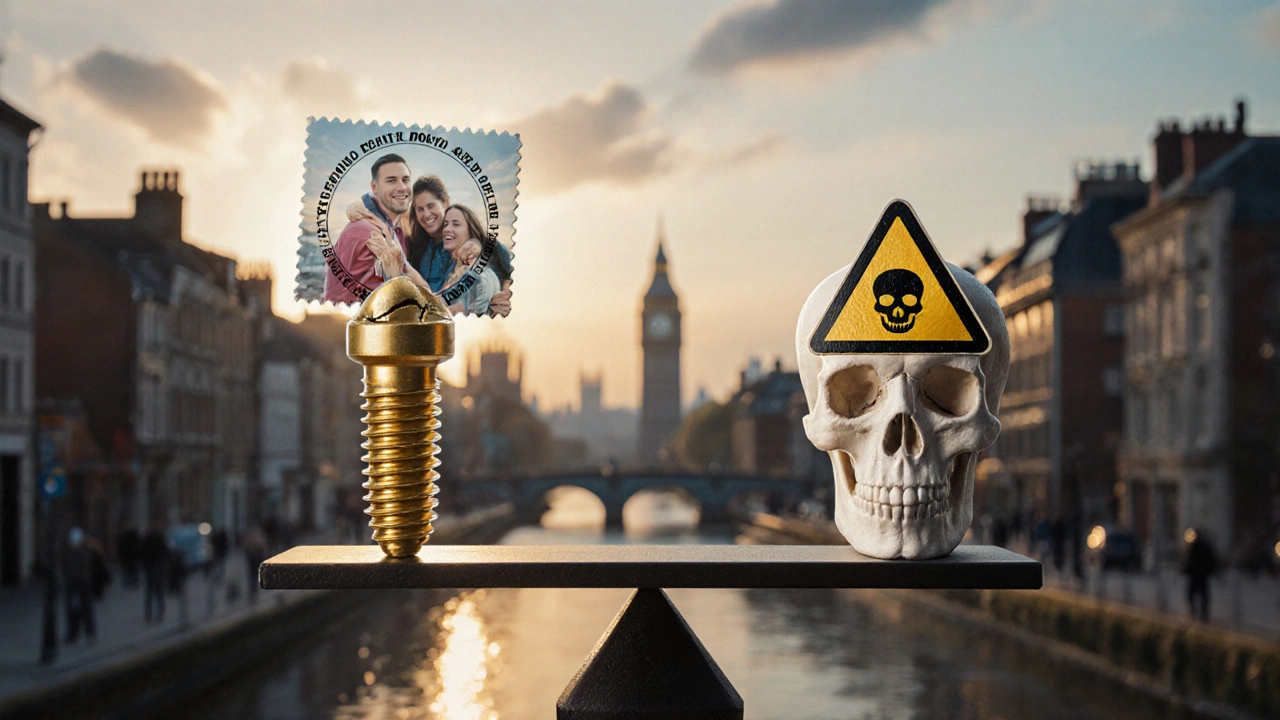 Balanced scale comparing a durable dental implant with warranty versus a failing cheap one, symbolic lighting and city backdrop.