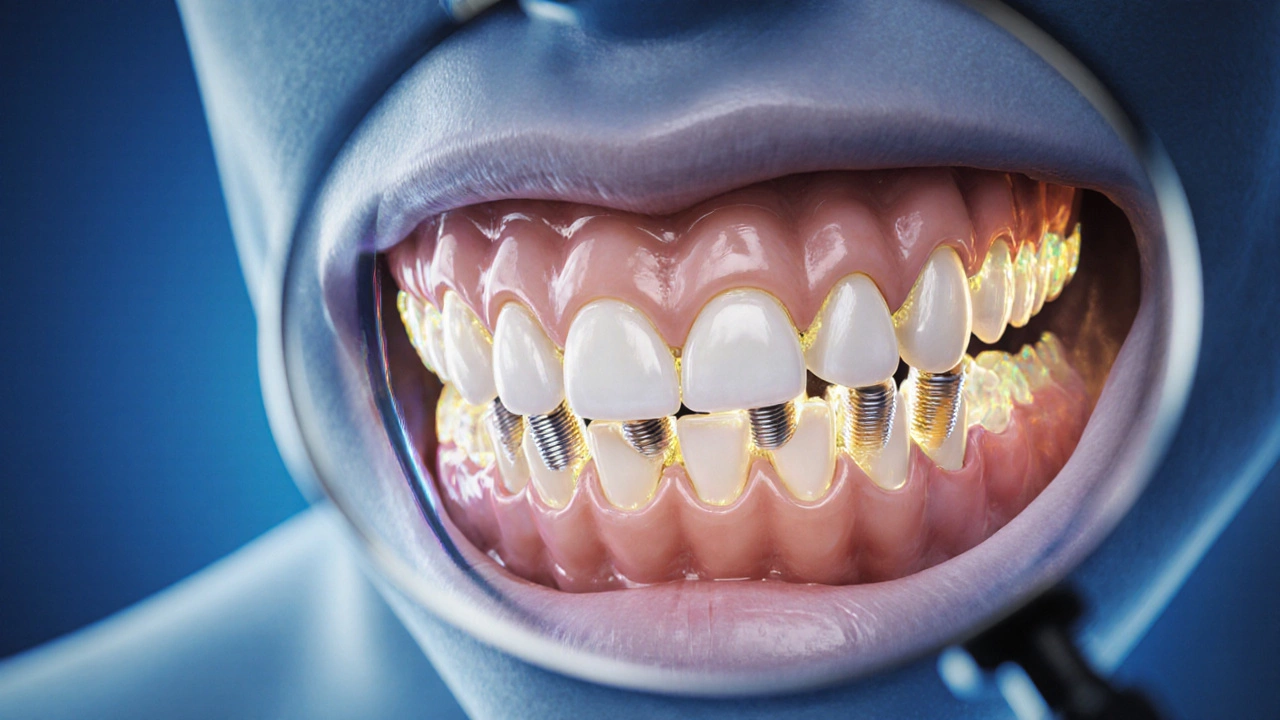 Close-up illustration of four dental implants being placed into jawbone with glowing tissue for osseointegration.