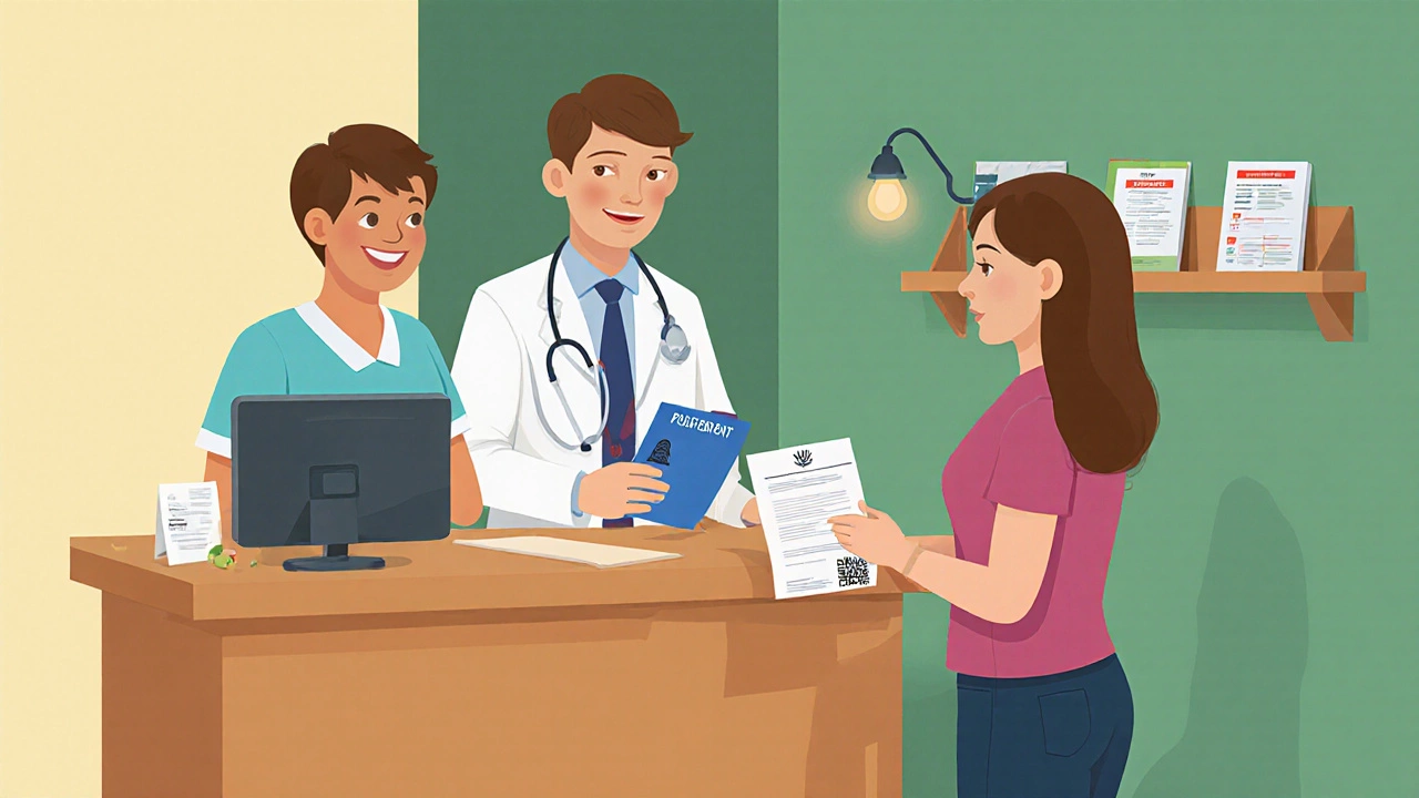 Couple registering at a GP surgery with documents and a smiling nurse in a warm interior.