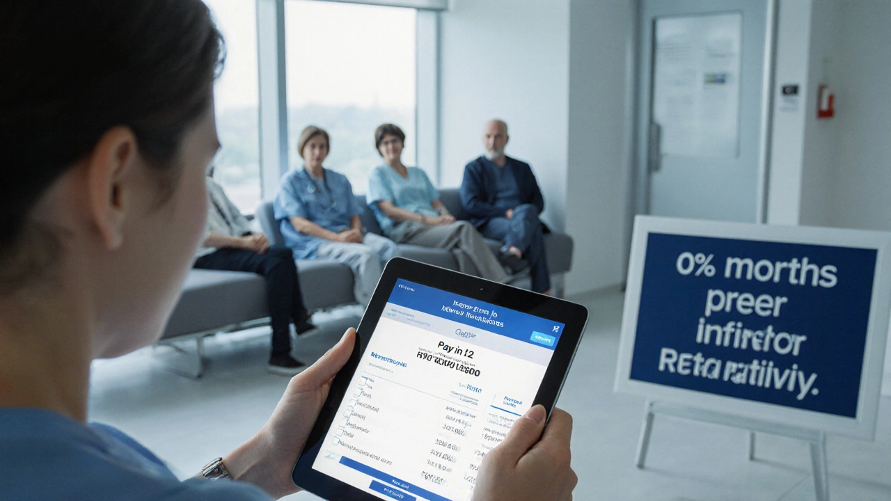 Patient in hospital waiting room examining a medical financing plan with a warning sign.