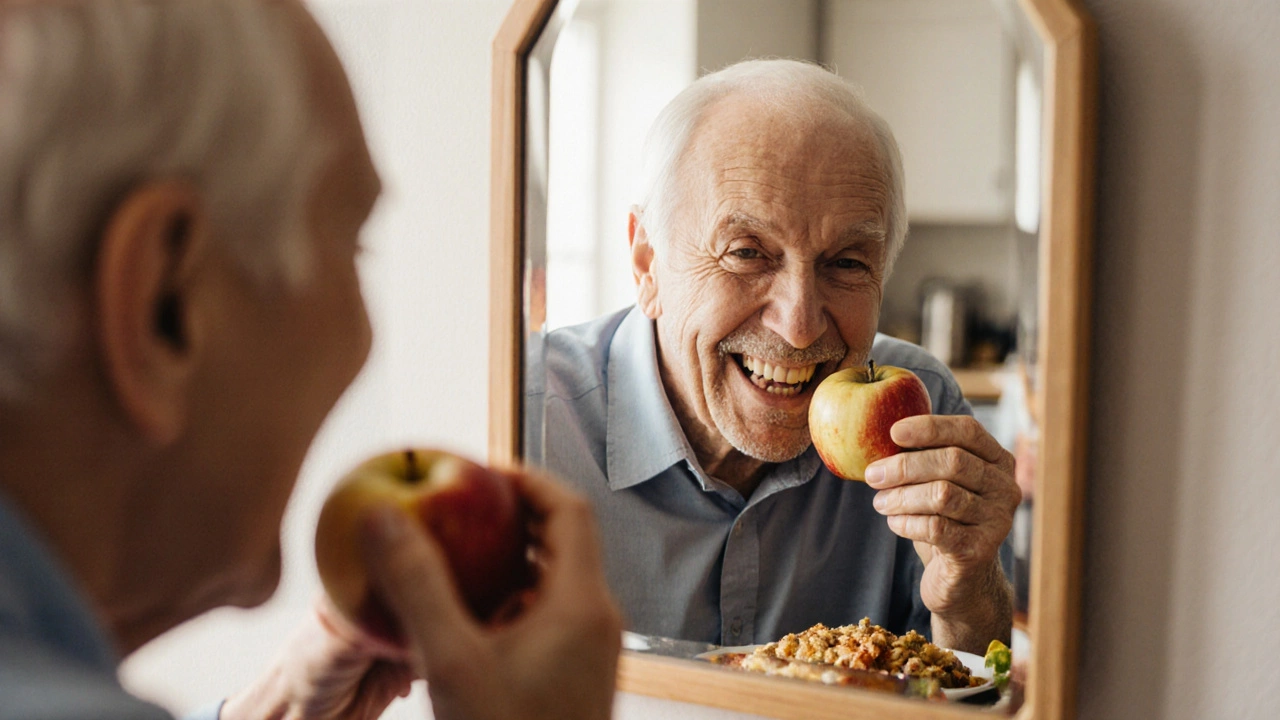 Smiling man eating an apple, his reflection showing full dental implants replacing missing teeth.