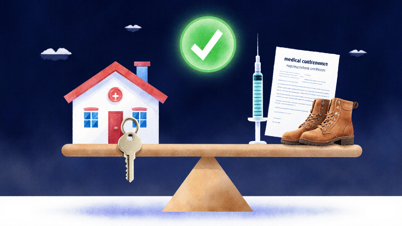 Symbolic scale balancing home equity, medical costs, and a loan contract with a green checkmark.