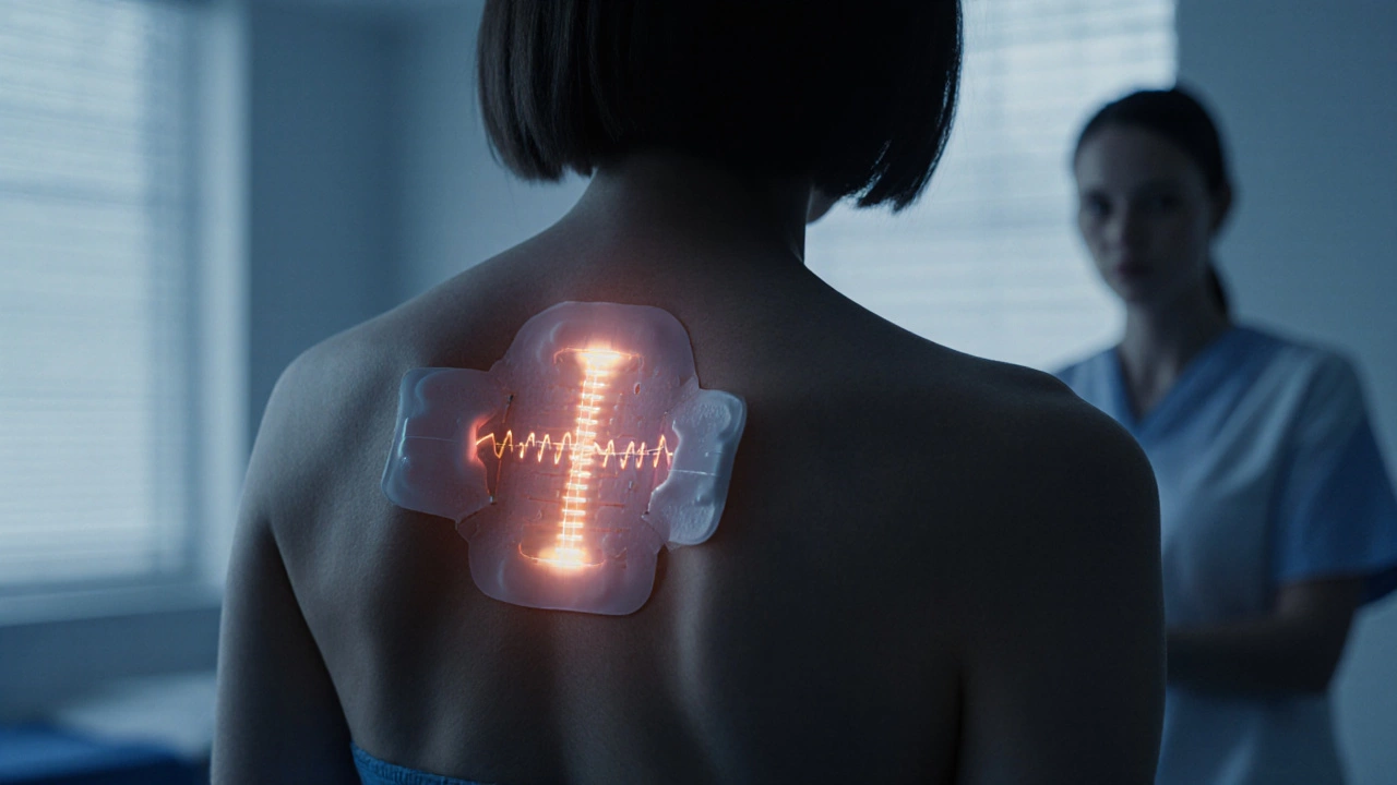 TENS device with pads on lower back, emitting subtle electrical pulses in a clinical setting.