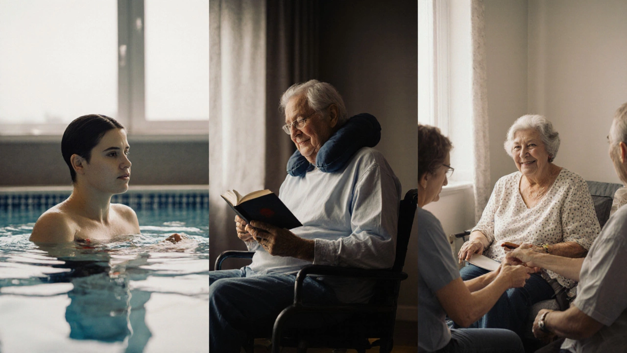 Three people engaging in quiet, everyday activities—swimming, using heat therapy, and connecting with a friend—showing resilience.