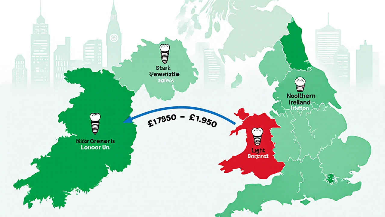 UK map with color-coded regions showing cheapest areas for dental implants, arrows pointing from London to North East and Northern Ireland.
