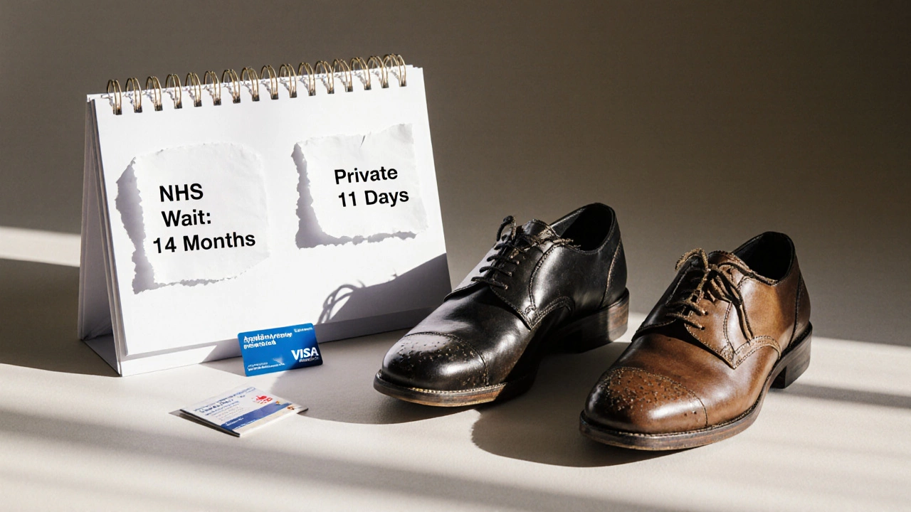 Worn shoes beside polished ones with a calendar showing NHS wait versus private treatment time.