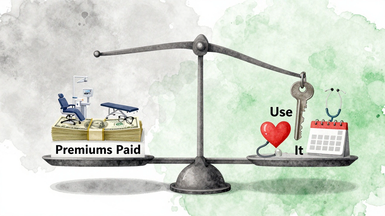 A balance scale weighing unused health services against active use, symbolizing smart insurance decisions.