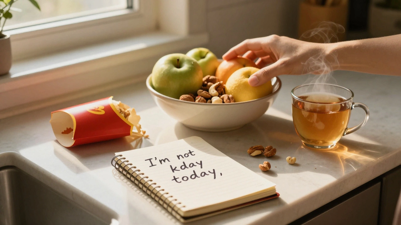 A bowl of fruit next to a fast-food wrapper on a kitchen counter, with a handwritten note and tea.