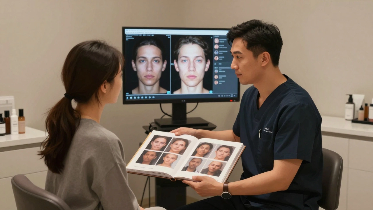 A certified plastic surgeon showing real patient photos to a client in a quiet, professional consultation room with 3D imaging on screen.