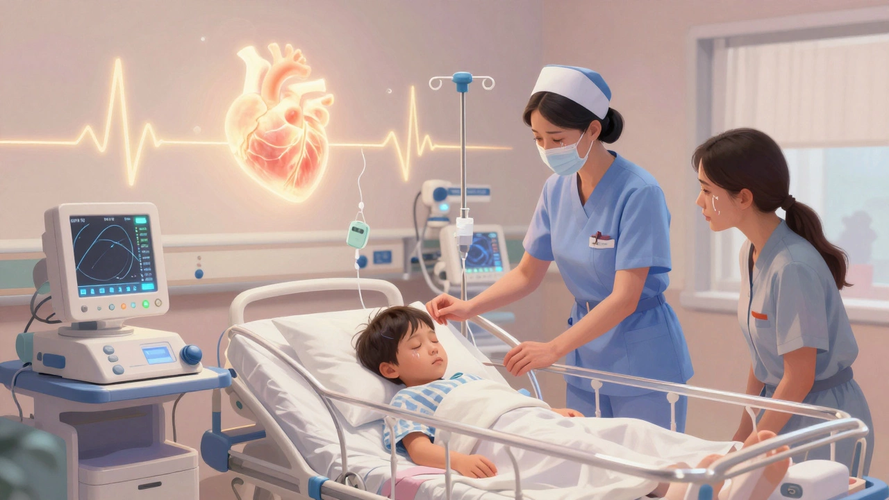 A child sleeping peacefully in a pediatric heart transplant unit with a nurse and parent nearby.