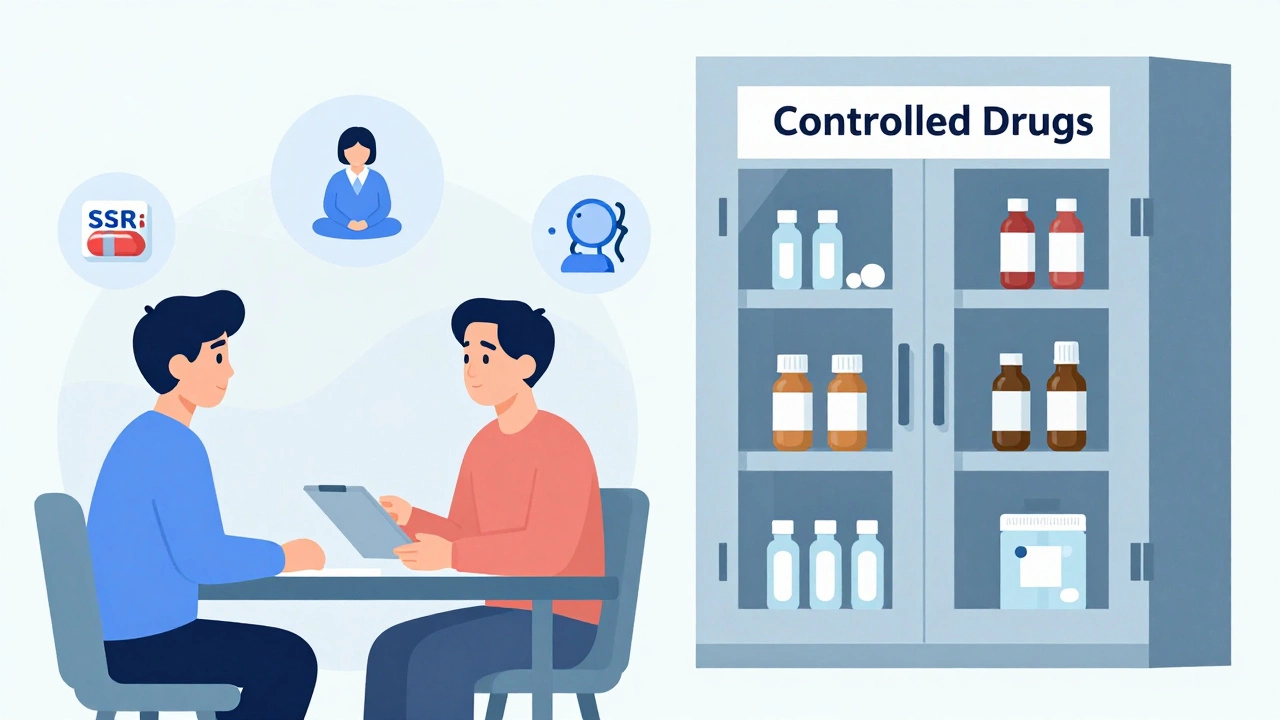 A conceptual split image showing mental health care on one side and restricted controlled drugs on the other.