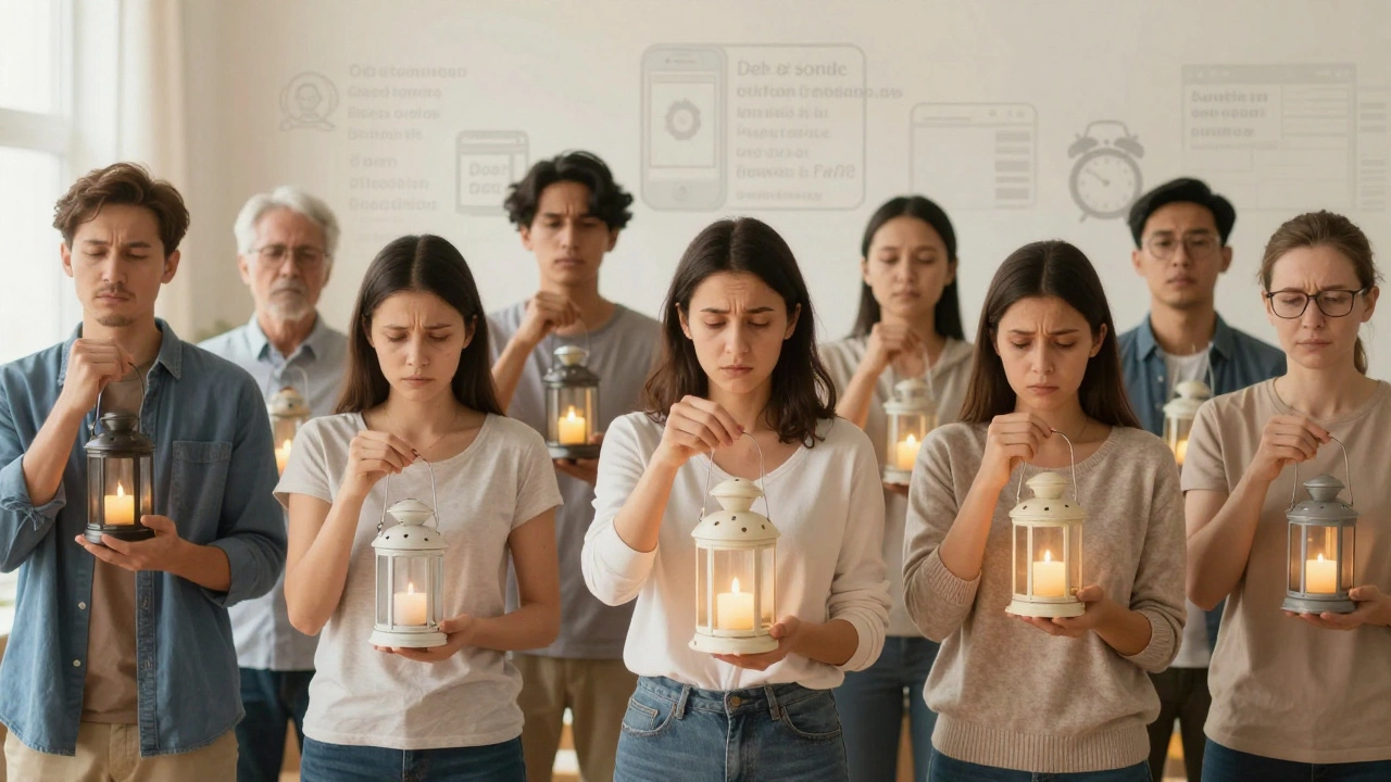 A group of people releasing glowing lanterns symbolizing anxiety disorders, with faint modern stressors in the background.