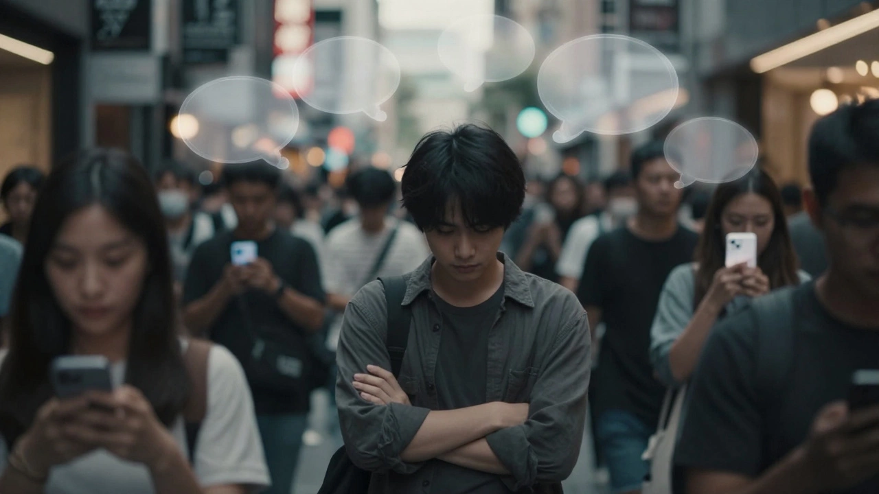 A lonely individual in a crowded city, surrounded by glowing phones, visibly disconnected from others.