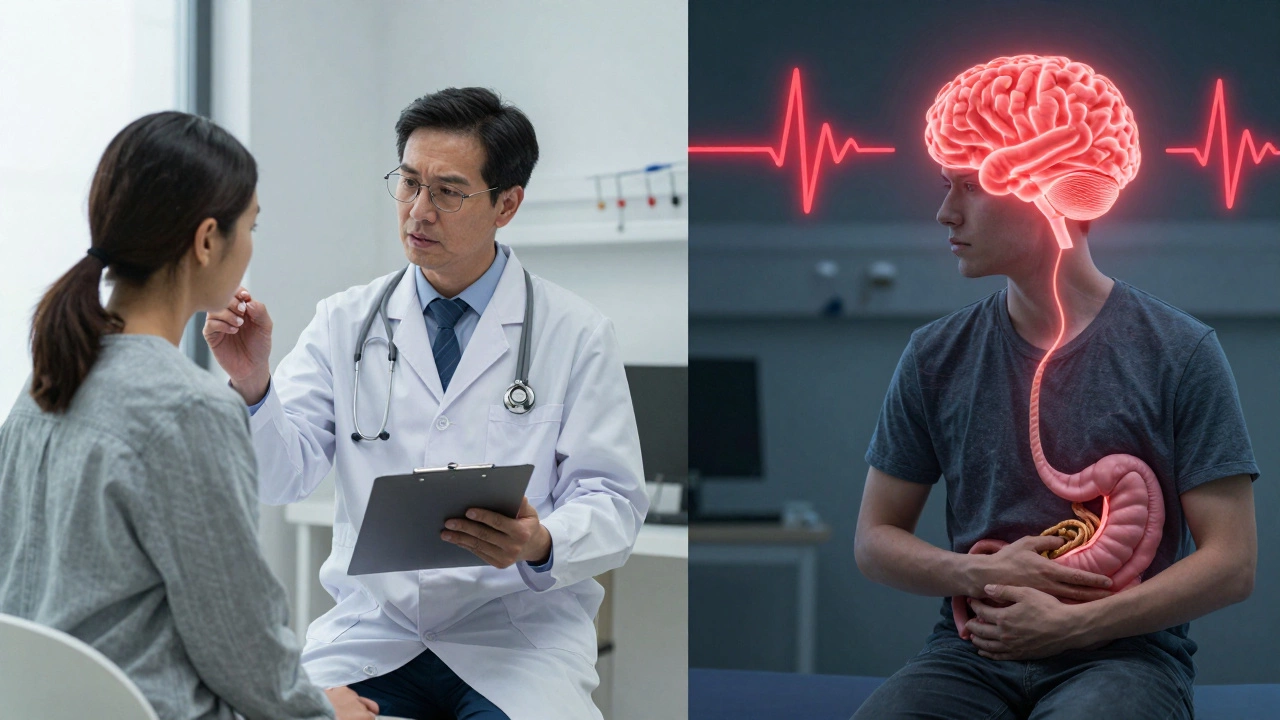 A medical exam scene showing a doctor and patient, with internal visualizations of anxiety symptoms like racing heart and tangled knots.
