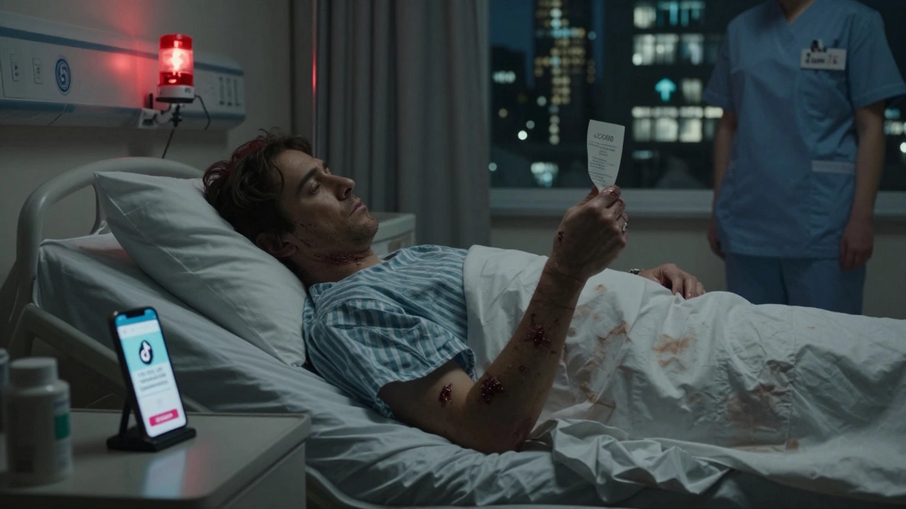 A patient in a hospital recovery room, staring at a cheap surgery receipt while a TikTok ad for cosmetic procedures glows on their phone.