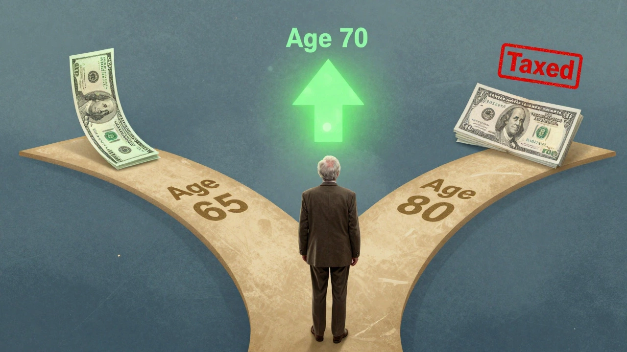A person at a crossroads symbolizing retirement ages, with financial paths leading to tax outcomes.
