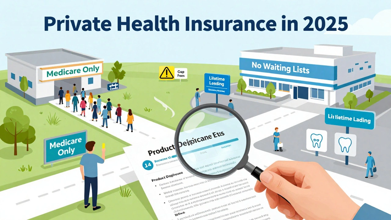 A person choosing between public hospital queues and private care options, examining a health insurance document with warning symbols.