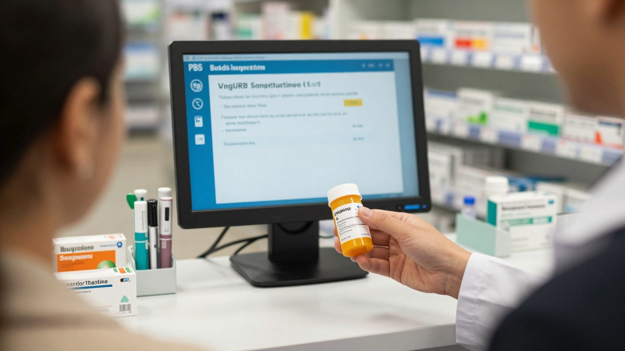 A pharmacist handing a prescribed medication bottle to a patient at a pharmacy counter.