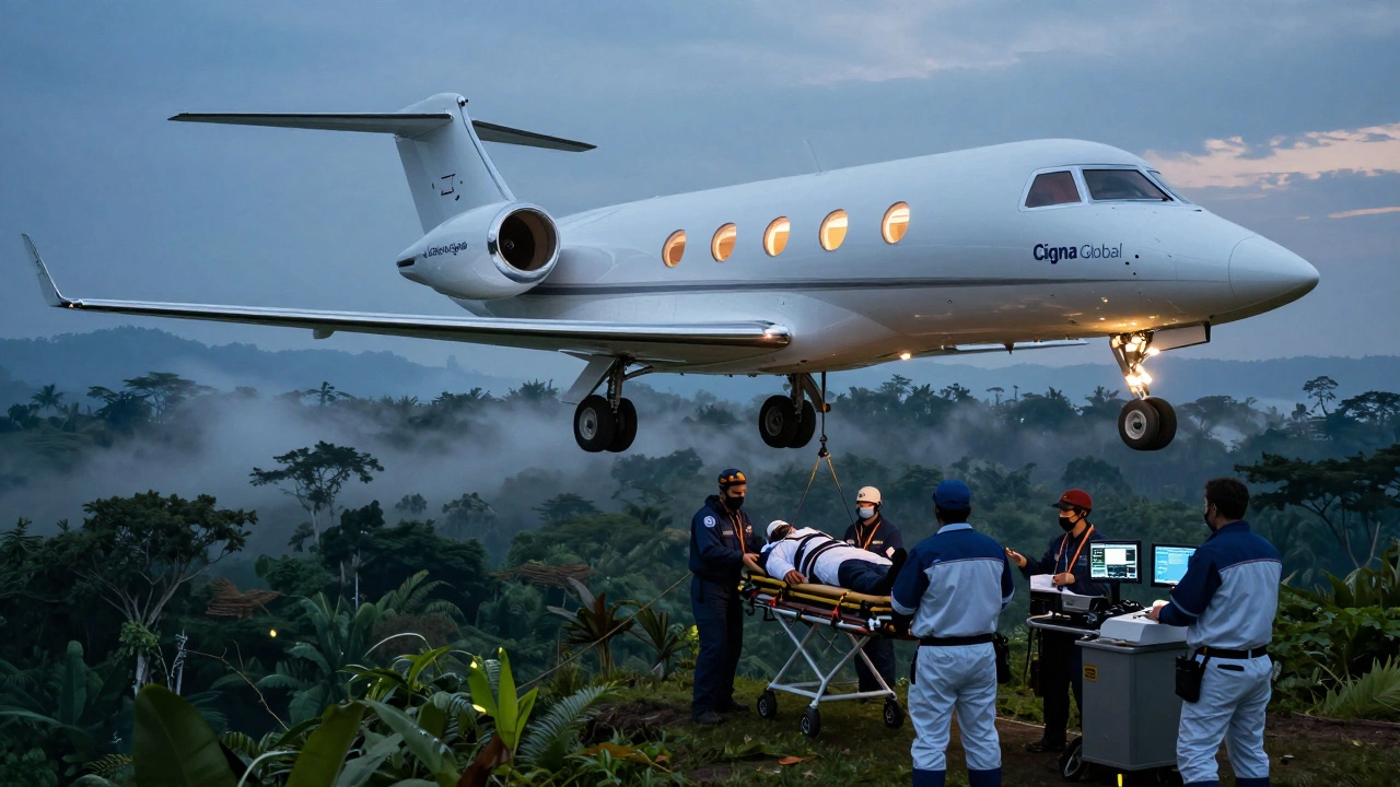 A private medical jet descending over a jungle, evacuating a patient with a professional medical team on board.