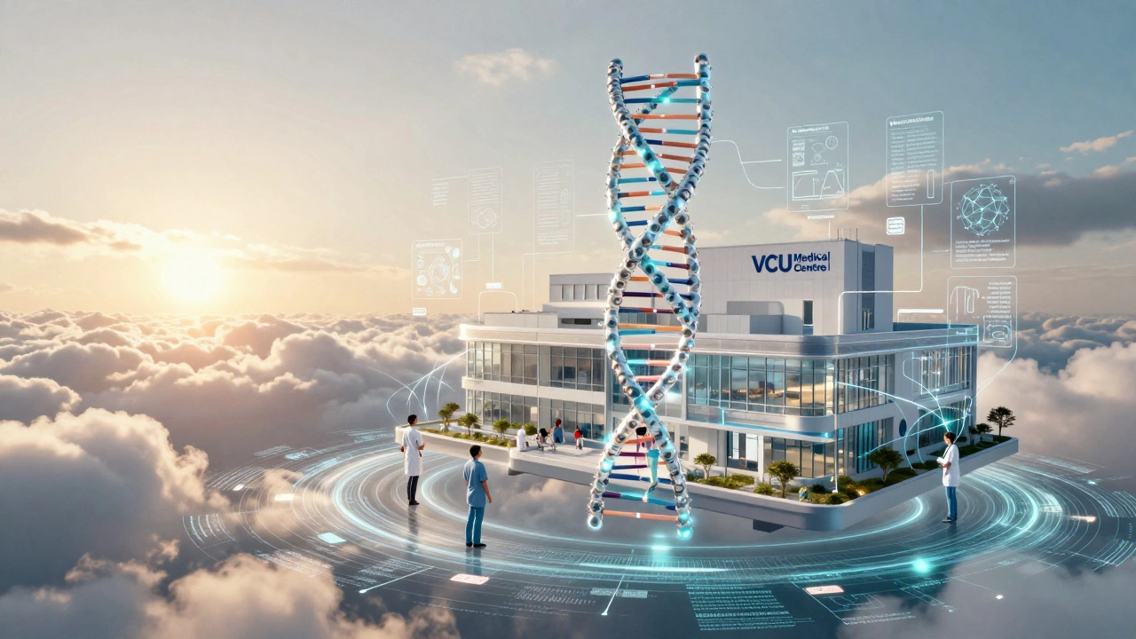 A transparent hospital building surrounded by data streams and medical research symbols.