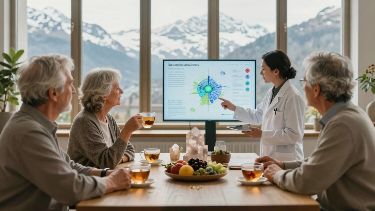 An elderly couple receiving personalized genetic nutrition guidance in a serene Swiss wellness center with mountain views.