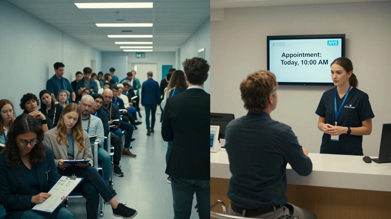 Contrasting scene: crowded NHS waiting room versus calm private clinic reception.