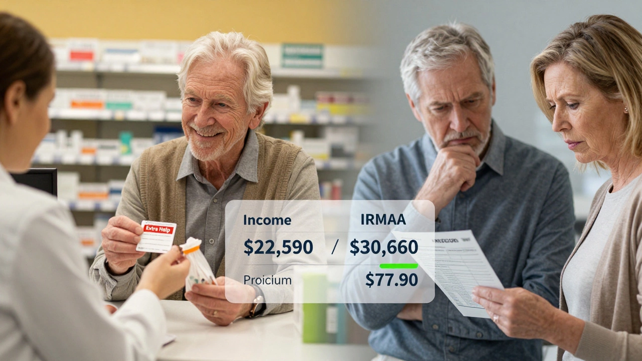 Contrasting scenes of low-income senior getting affordable meds vs. higher-income couple seeing IRMAA surcharge.
