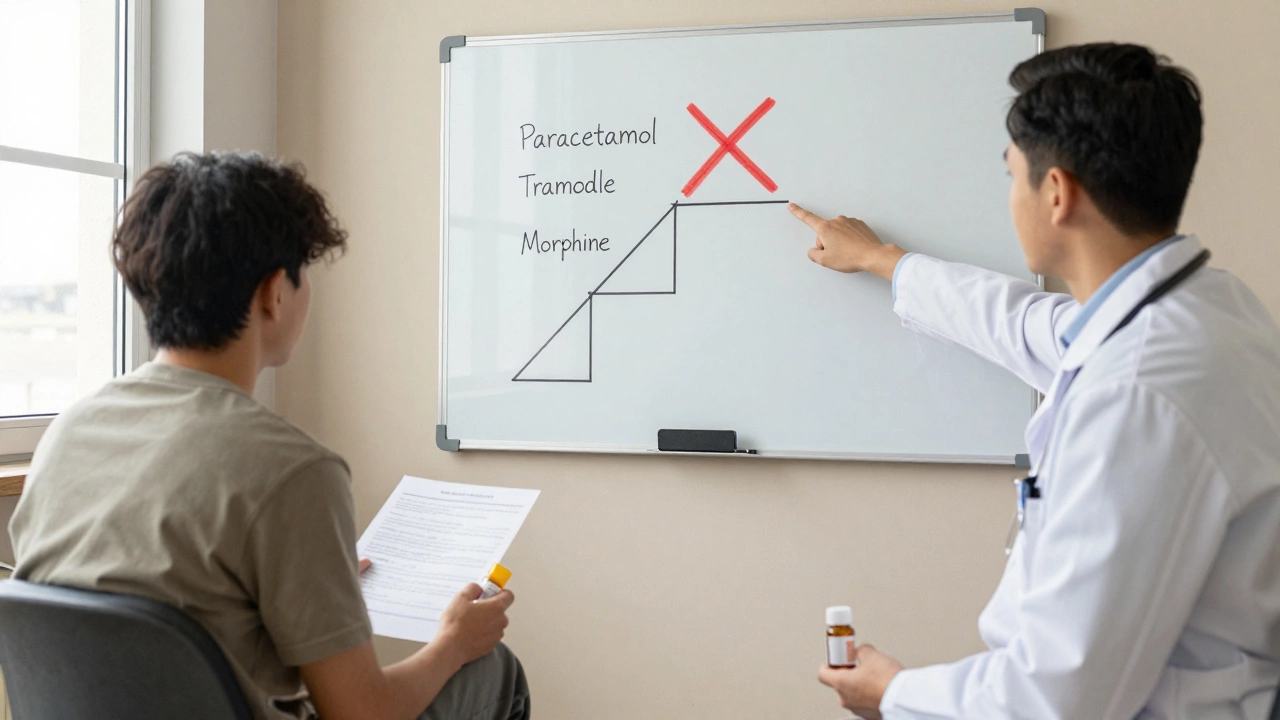 Doctor explaining pain management options on a whiteboard while patient holds therapy materials.