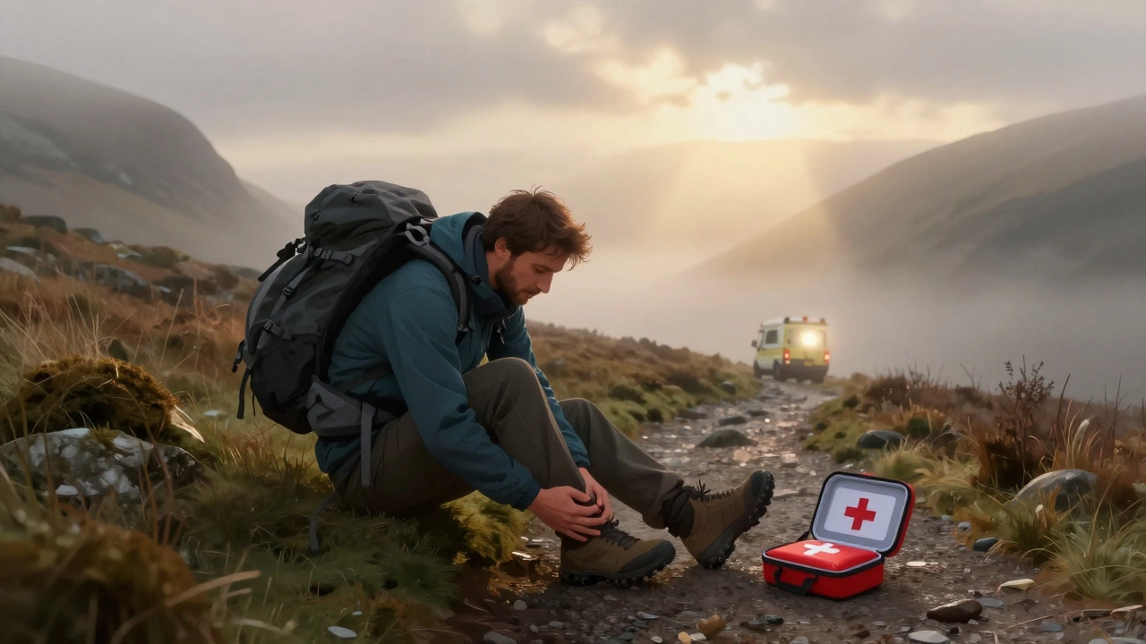 Hiker falling on a misty trail in the Lake District with ambulance light in distance.