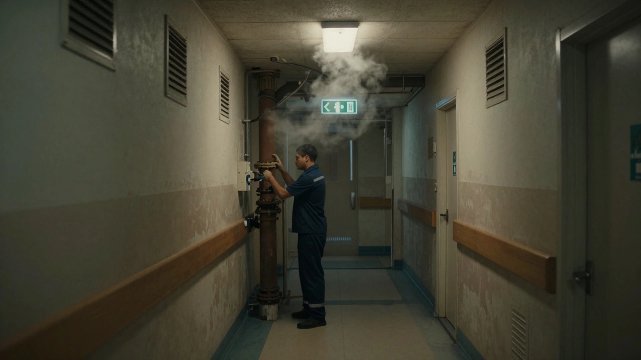 Maintenance worker inspecting aging pipes and flickering lights in a hospital corridor.