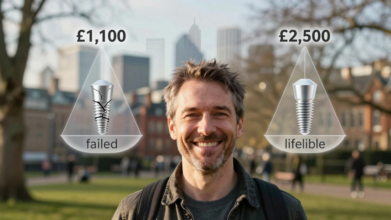 Man smiling with a translucent financial scale showing cheap vs. premium implant costs over time.