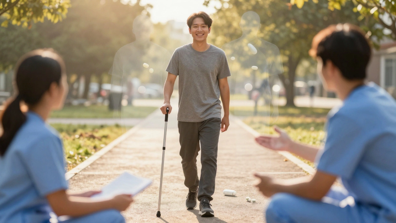 Person walking confidently on a path with cane discarded, supported by therapists.