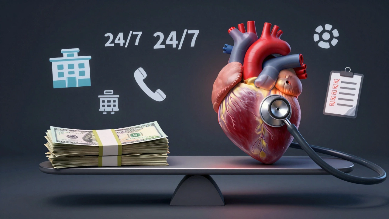 Scale balancing money against a glowing heart with stethoscope, symbolizing trust over cost in healthcare.