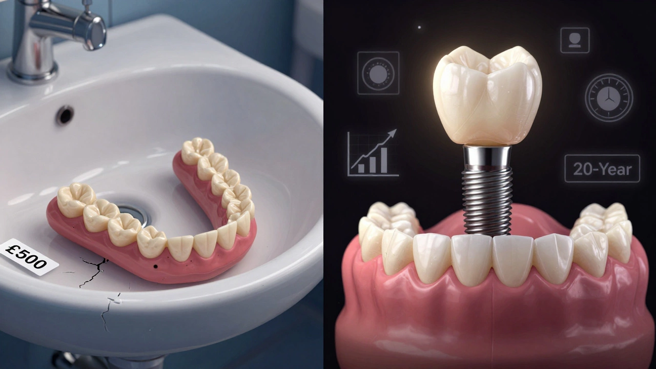 Side-by-side comparison of a failing denture and a durable dental implant with bone integration.