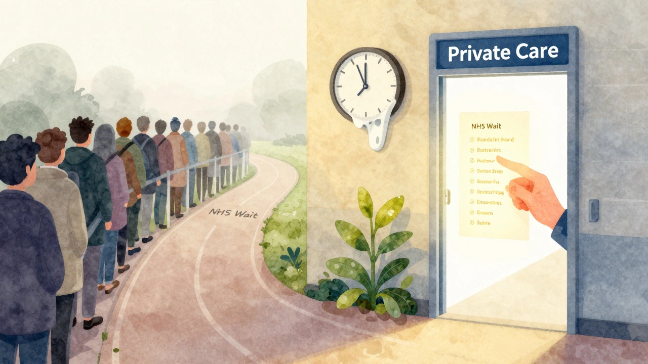 Symbolic journey from long NHS wait to empowered private healthcare access.