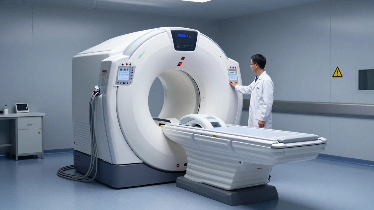 Technician calibrating an MRI machine in a shielded room with climate control systems.