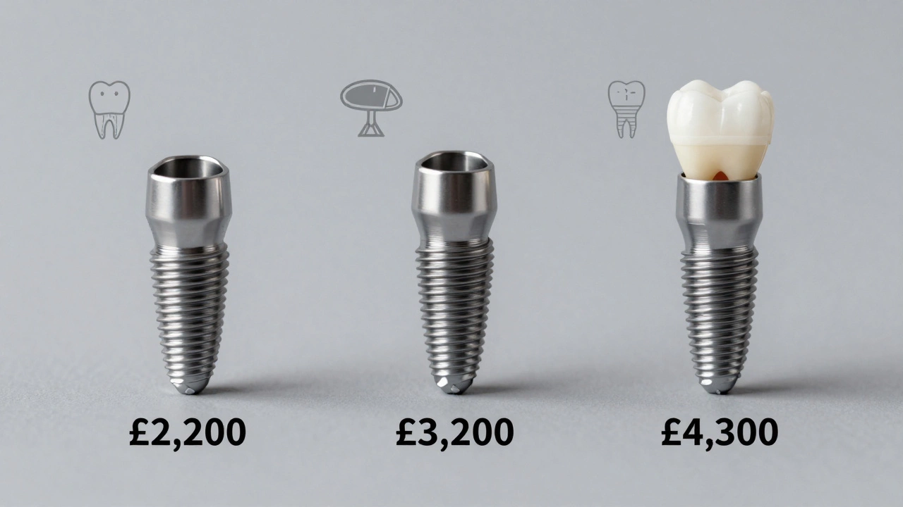 Three dental implant options displayed with price tags and associated features.
