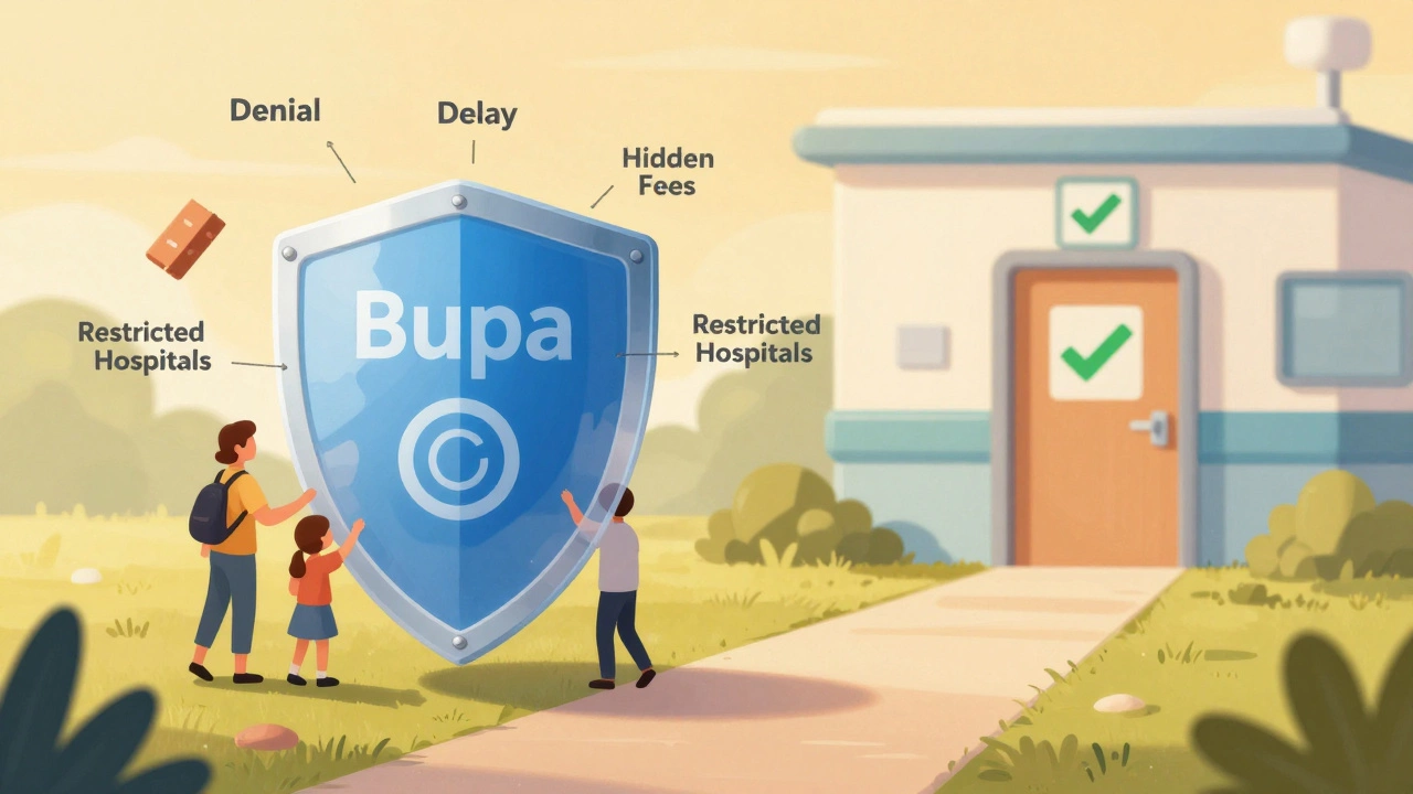 Transparent shield labeled Bupa protecting a family from financial and medical obstacles, path to hospital ahead.