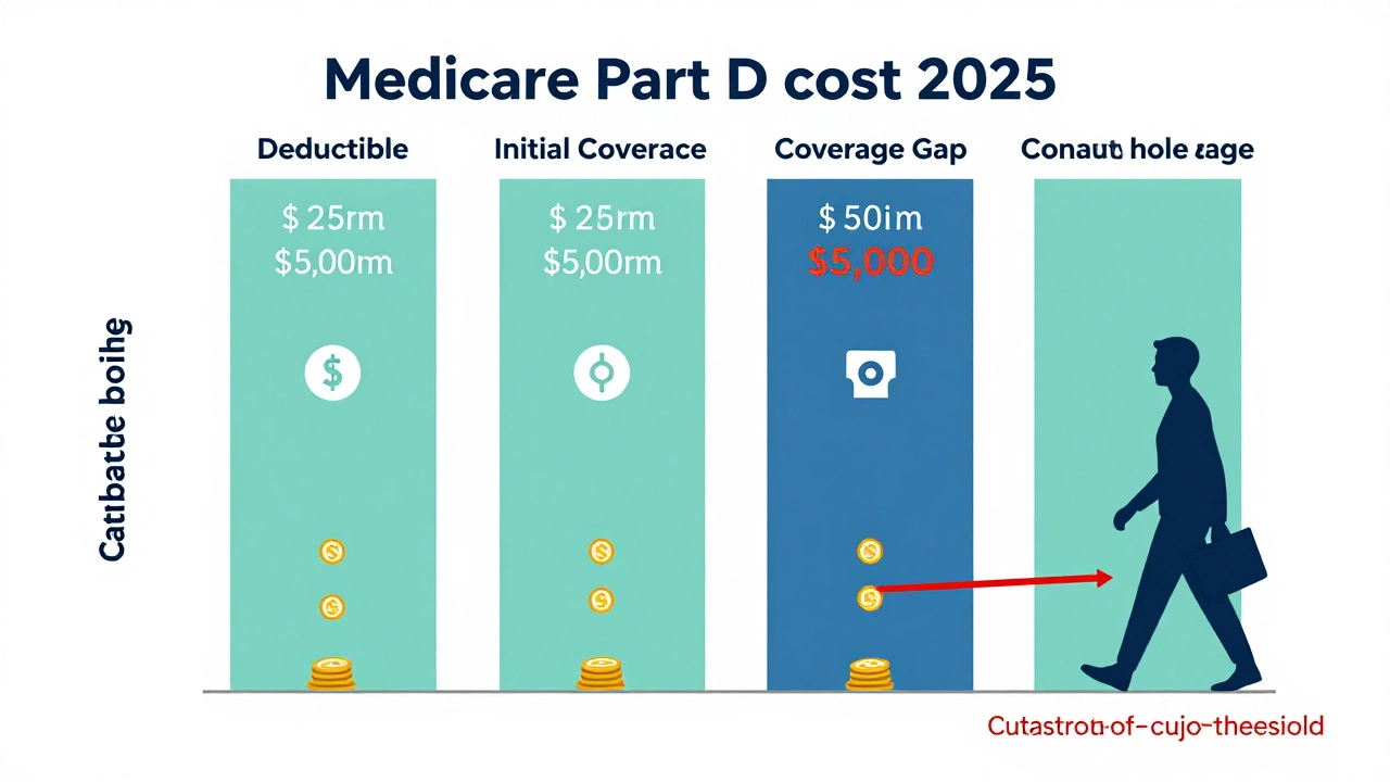 Visual breakdown of Medicare Part D cost phases from deductible to catastrophic coverage.