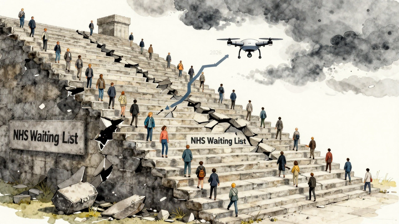 A symbolic staircase with millions of people climbing, representing the NHS waiting list, with AI offering a shortcut above.