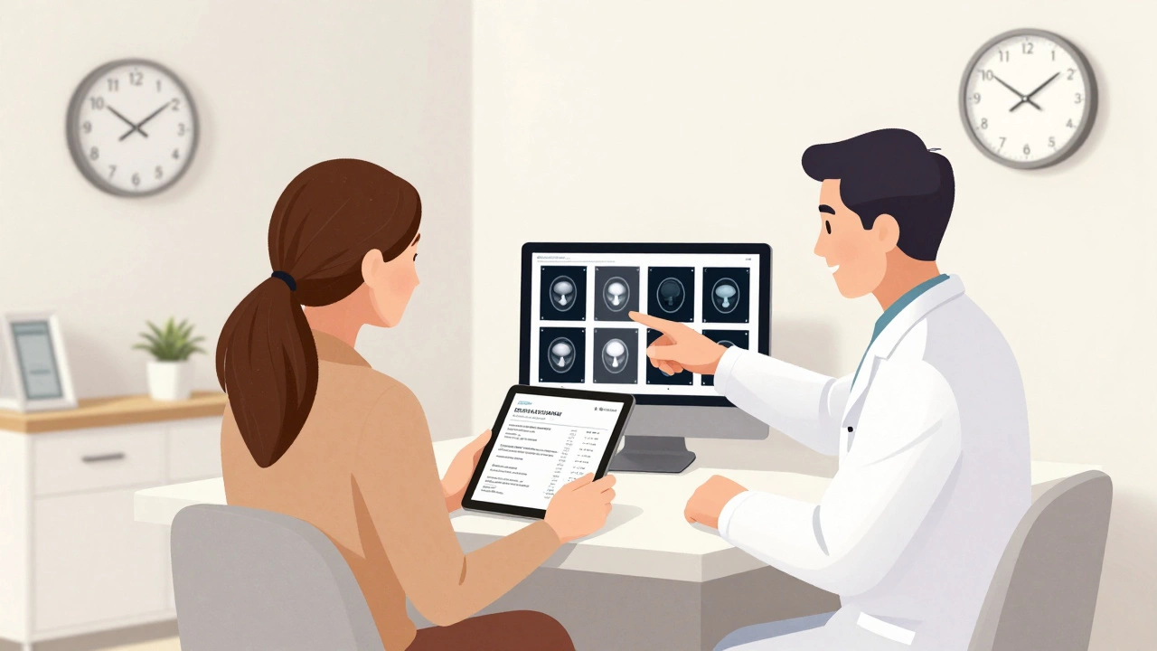 A woman reviewing medical scans with a specialist in a calm, modern clinic.