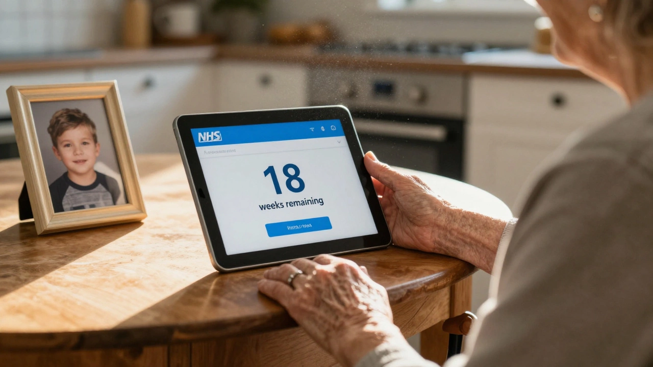 An elderly woman checking her NHS App on a tablet, showing 18 weeks remaining, in a quiet home setting with a cane nearby.