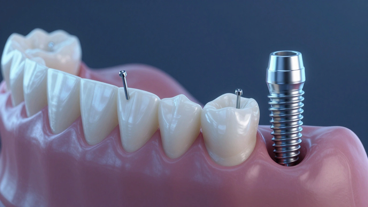 Close-up of mini dental implants securing a lower denture in the jawbone.