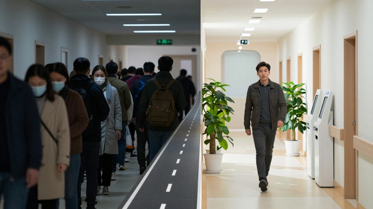 Contrasting crowded public hospital corridor with peaceful private clinic hallway.