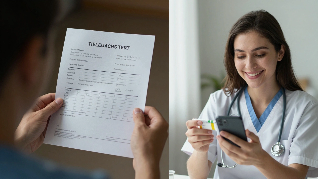 Contrasting images of expensive medical bills versus affordable telehealth prescription.