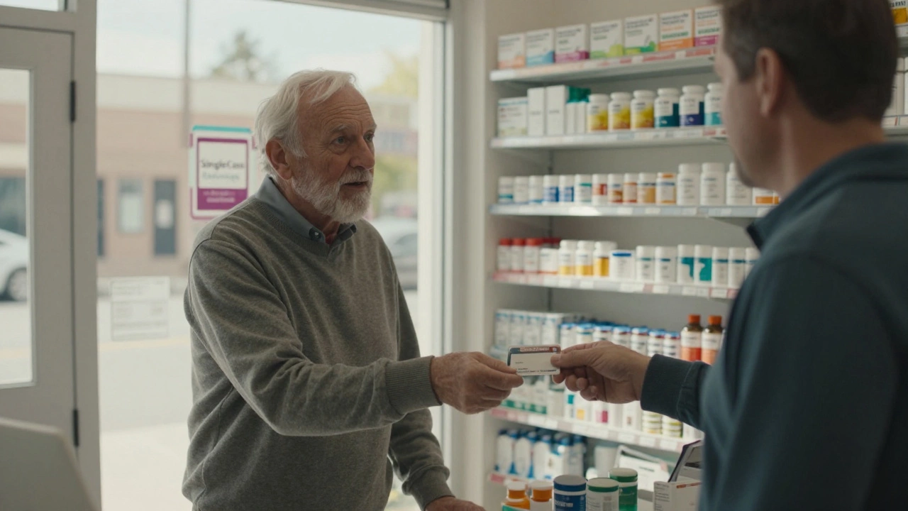 Elderly man receiving prescription discount at independent pharmacy with SingleCare sticker visible