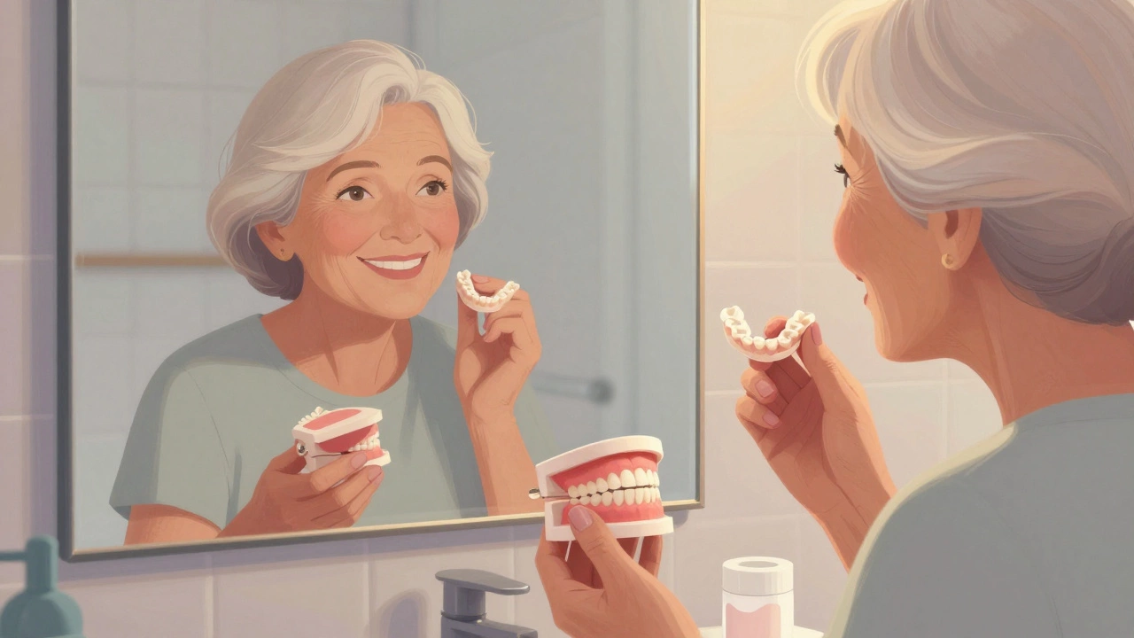 Elderly woman smiling as she adjusts her custom dentures in front of a mirror.