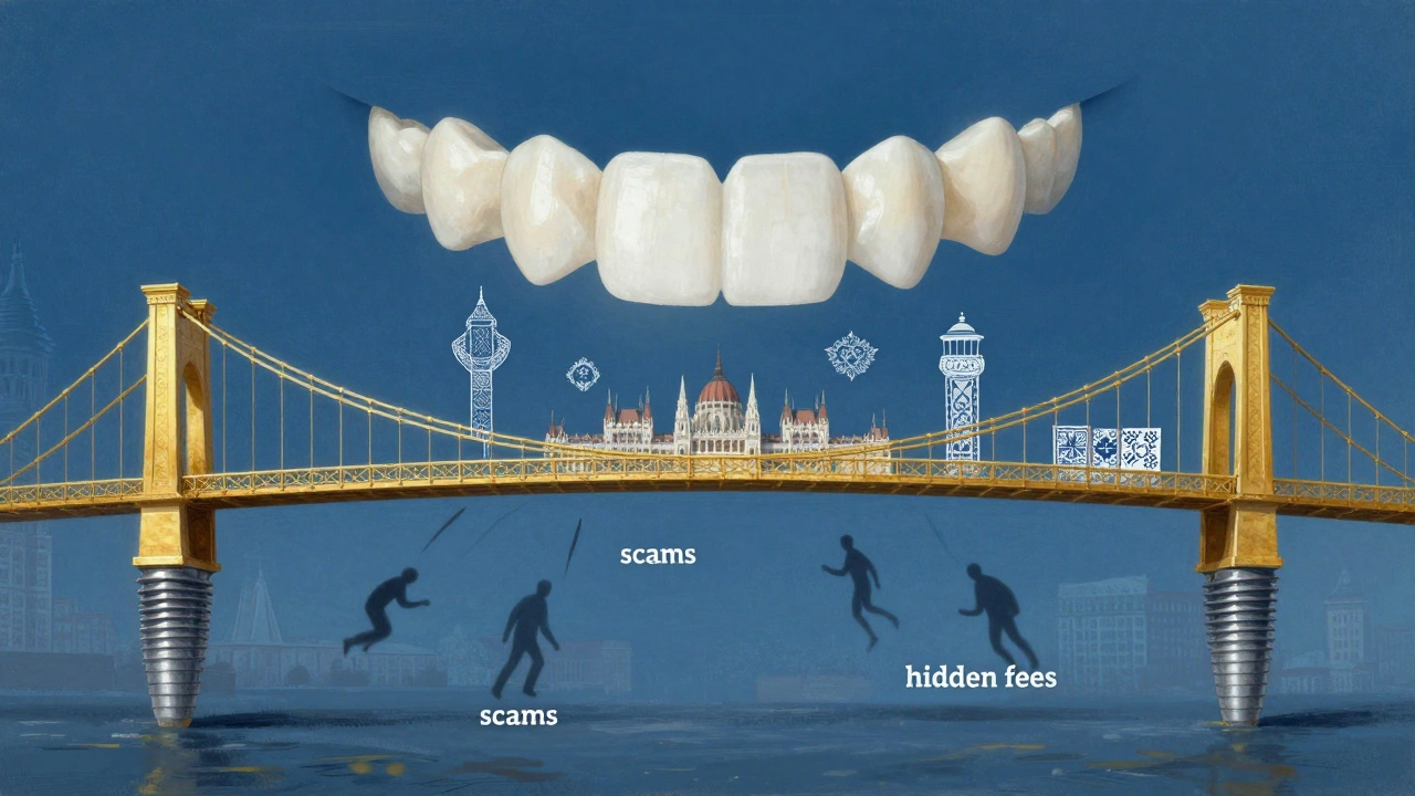 Golden bridge connecting UK to Europe with dental implants as pillars supporting a radiant smile.