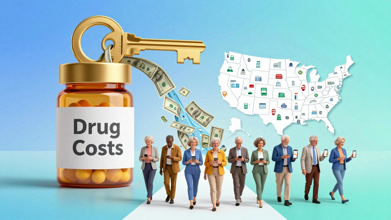 Golden key unlocking a pill bottle with money flowing out toward a map of U.S. pharmacies.